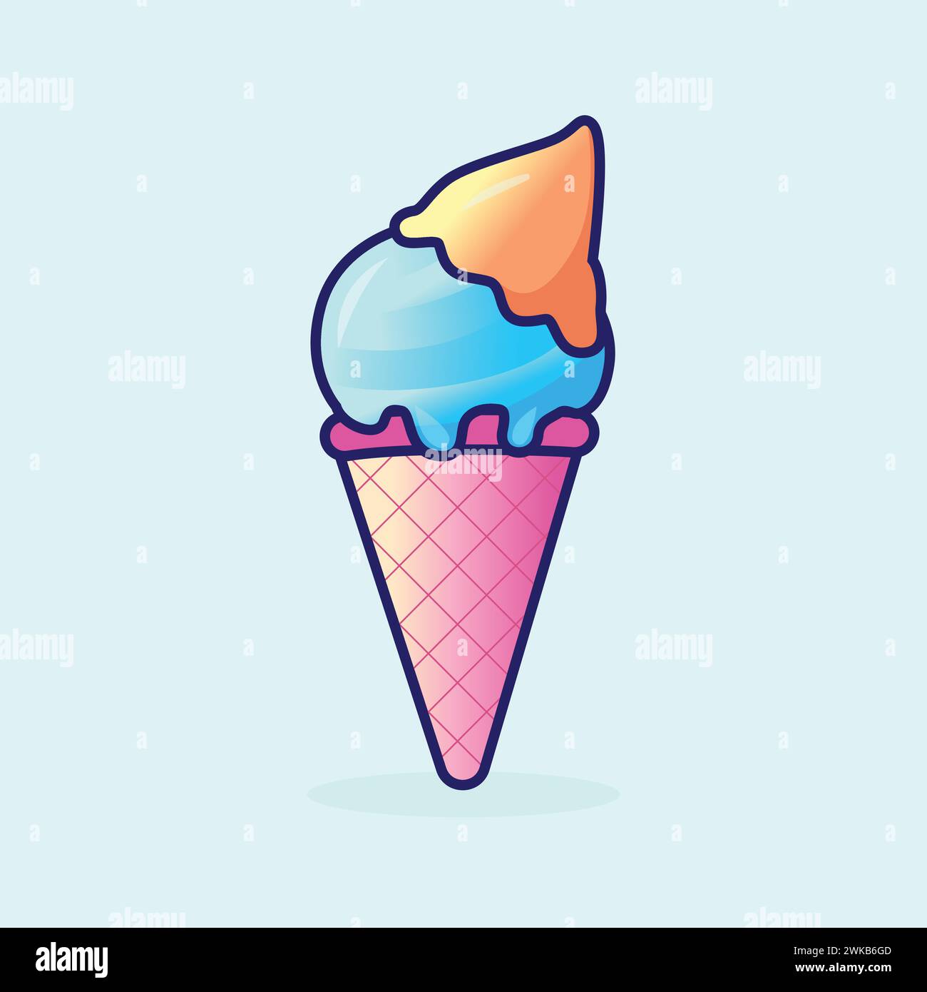 Cute cartoon Ice-cream vector illustration on blue background. Colorful flat style vector cone ice cream. Taste Summer food clip art sign and symbol. Stock Vector
