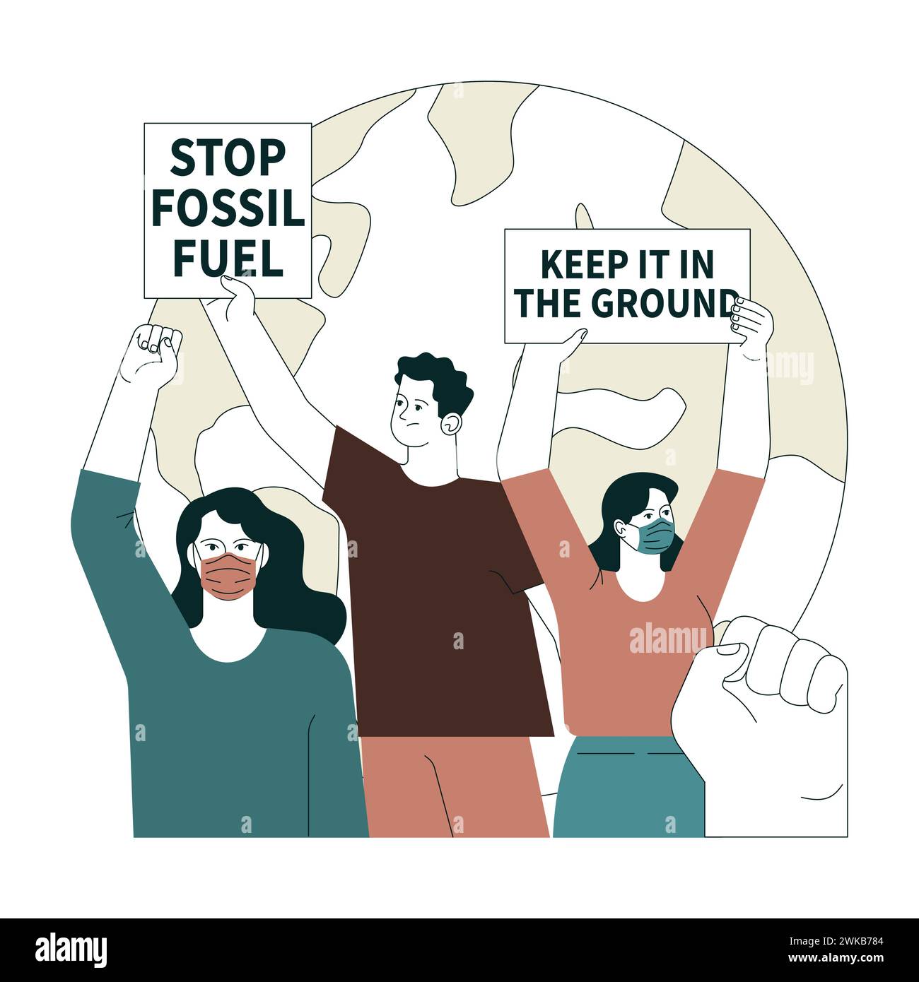 Climate change activism. Protesters with signs advocating for the cessation of fossil fuel use. Demonstration drawing attention to climate change. Protesting characters. Flat vector illustration Stock Vector