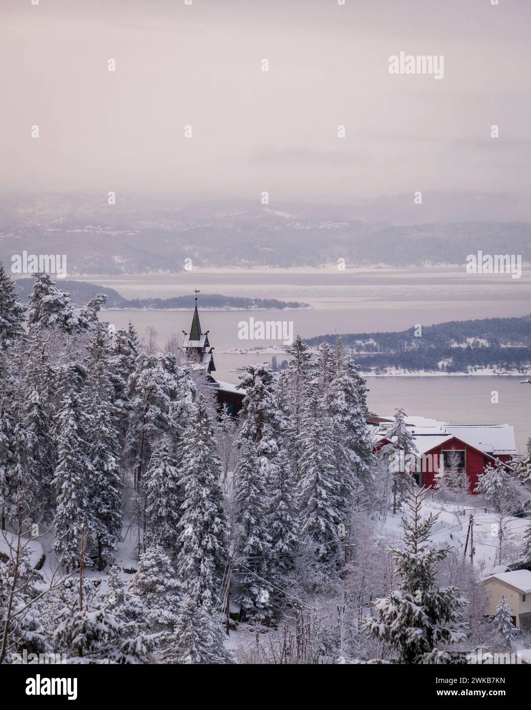 View toward Oslofjord from the Holmenkollen neighborhood of Oslo, Norway Stock Photo