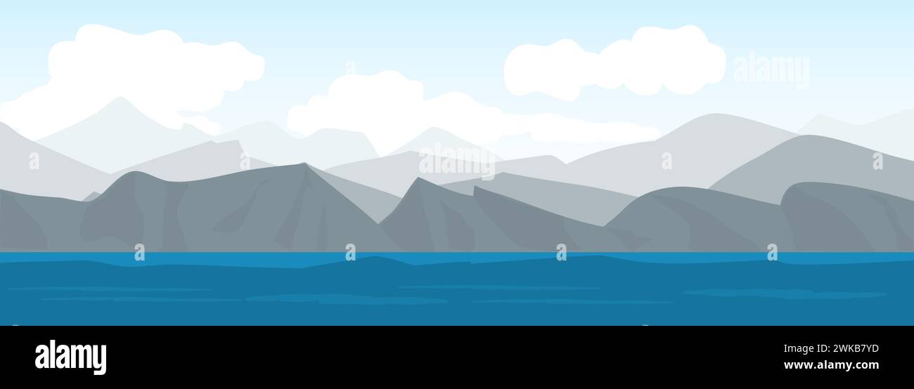 Realistic vector mountains landscape, blue water and sky with clouds on ...