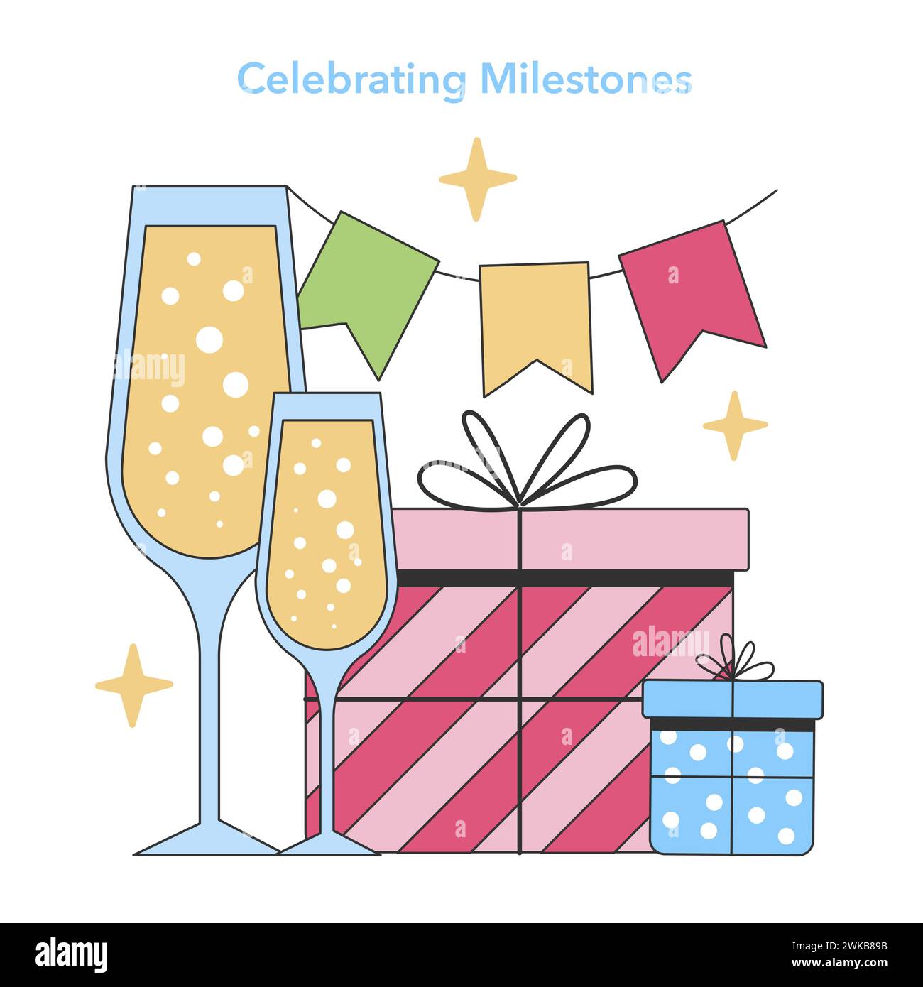 Celebration. Toasting to success and commemorated achievements. Festive decorations, presents, and joyful ambiance. Flat vector illustration. Stock Vector