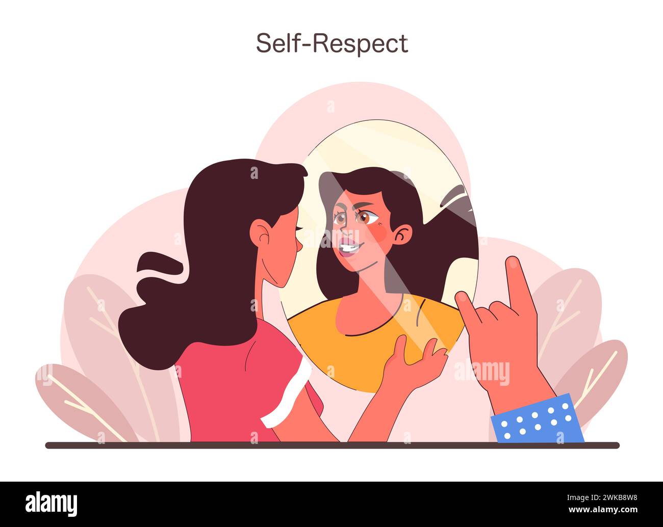 Self Respect concept. A confident woman engages in positive self talk, facing her reflection with a sense of pride and empowerment. Celebrating personal esteem and confidence. Flat vector illustration Stock Vector