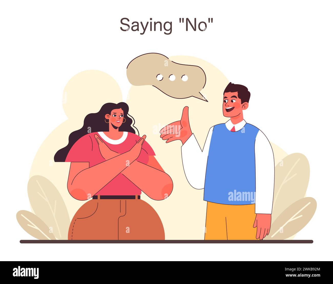 Assertiveness concept. A woman demonstrates the power of saying No, confidently setting boundaries in conversation with a man. The portrayal of consent and personal limits. Flat vector illustration Stock Vector