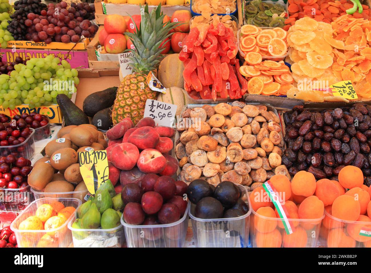 Fresh fruit displayed in an open market in Venice, Italy. Stock Photo