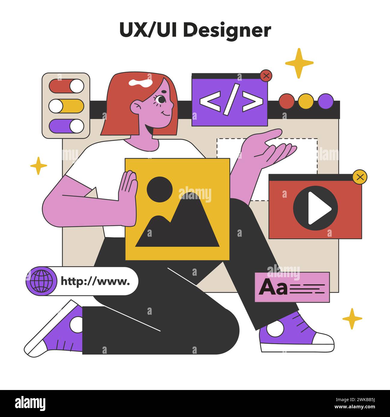 UX UI Designer at Work. A professional combines functionality with aesthetics, focusing on seamless user flow and engaging visuals in digital design. Flat vector illustration Stock Vector