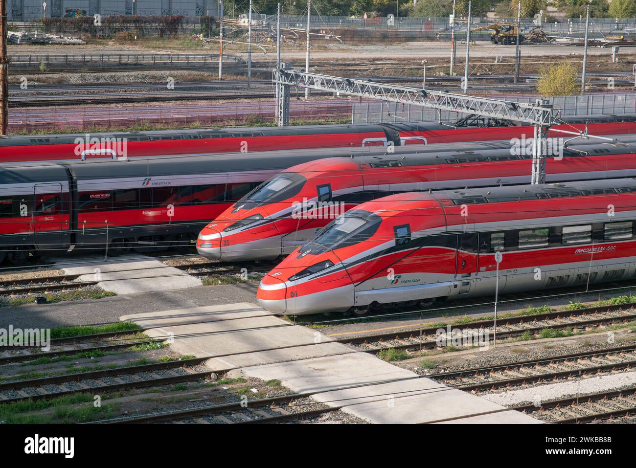 high-speed trains, stopped ready to leave at the station, towards new travel destinations for tourism, work, commerce, comfortable and fast travel. Stock Photo