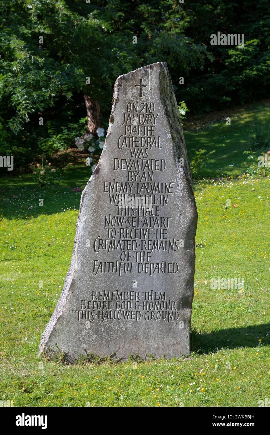 Standing Stone beside Llandaff Cathedral marking the spot where a German landmine fell on 2nd January 1941 causing severe damage to the cathedral. Stock Photo