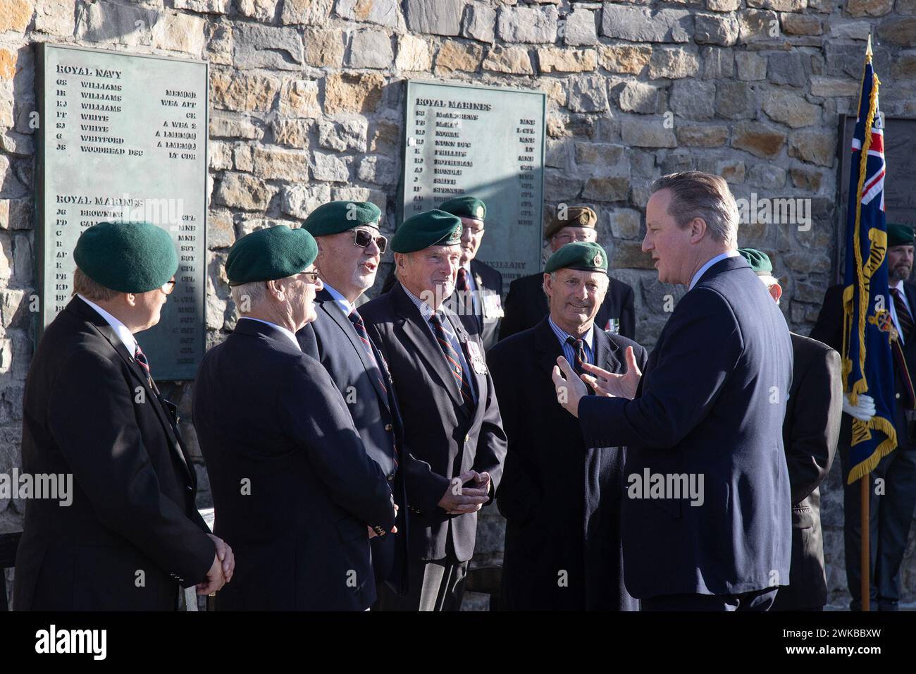 Stanley, Falkland Islands. 19th Feb, 2024. British Foreign Secretary David Cameron chats to British Falkland Islands War Veterans during his visit to Stanley in  The Falkland Islands. Credit: Rob Carter/Alamy Live News Stock Photo