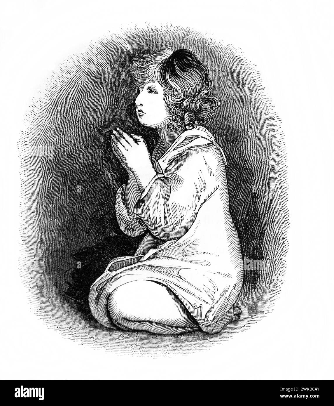 Illustration of Young Samuel Praying and God Speaks to Him (Book of Samuel) Old Testament from Antique Illustrated Family Bible Stock Photo