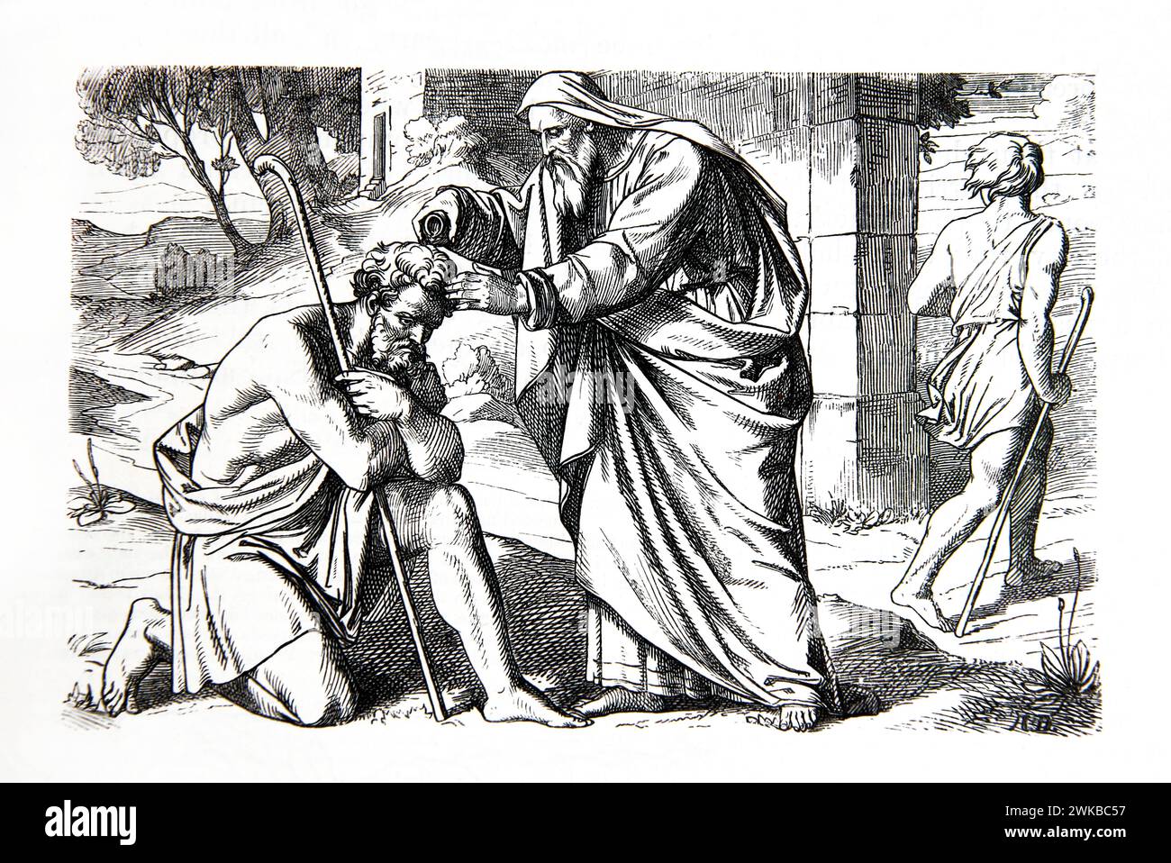 Samuel Annointing the Future King Saul with a Flask of Oil (Samuel) from the Antique 19th Century  Illustrated Family Bible Stock Photo