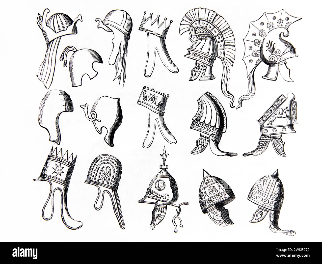 Ancient Helmets worn by Egyptian Warriors, Caps of Egyptian Soldiers, Persian, Syrian, Phrygian and Dacian Solders from Antique Illustrated Family Bib Stock Photo