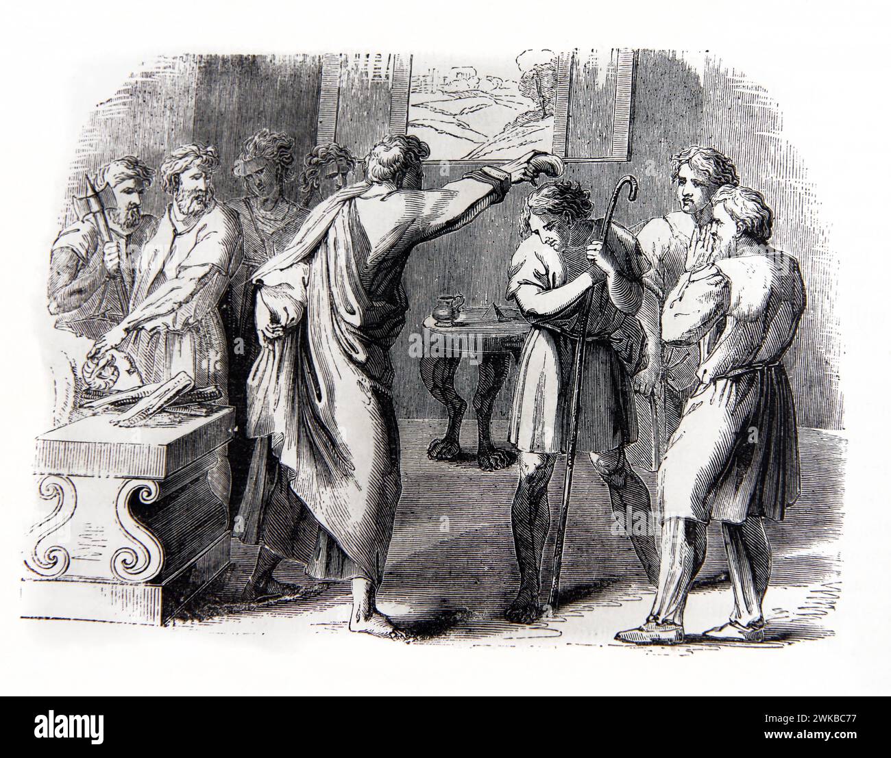 Illustration of Prophet Samuel Anointing David to Be King over Israel (Samuel) from Antique 19th Century Illustrated Family Bible Stock Photo