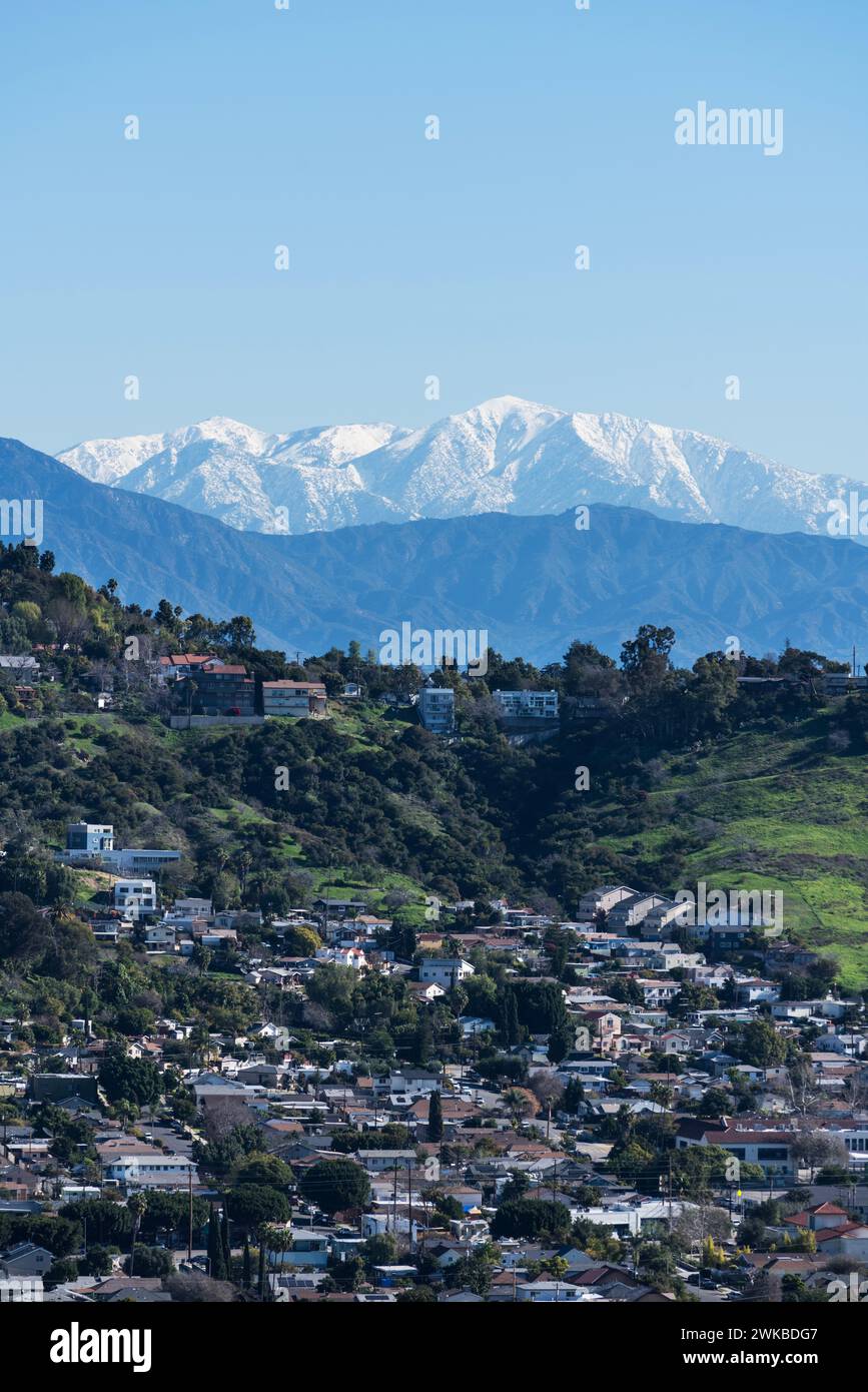 Los Angeles California Mt Washington hillside neighborhood with snowcapped Mt Baldy peak in the background. Stock Photo