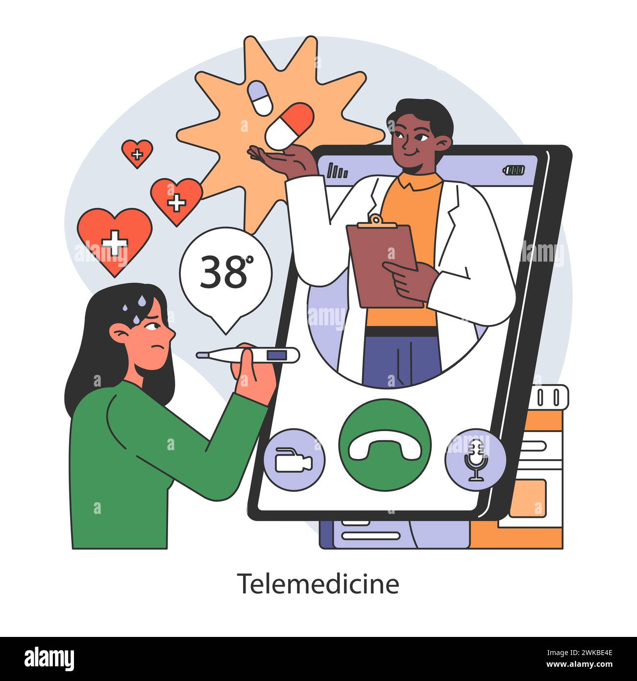 Remote healthcare engagement concept. Patient consults with doctor via ...