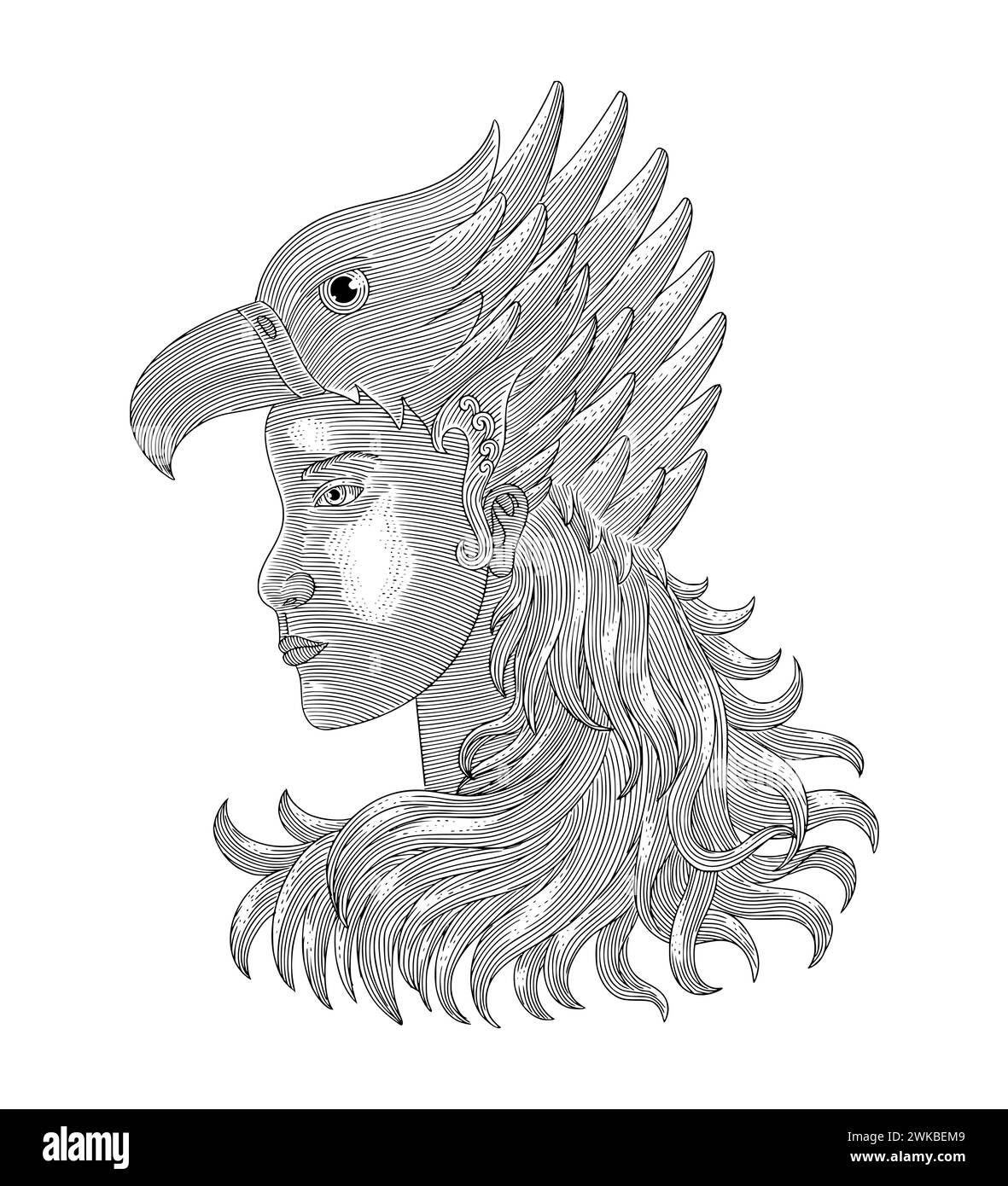 american young girl with eagle mask. Vintage engraving drawing syle illustration Stock Vector