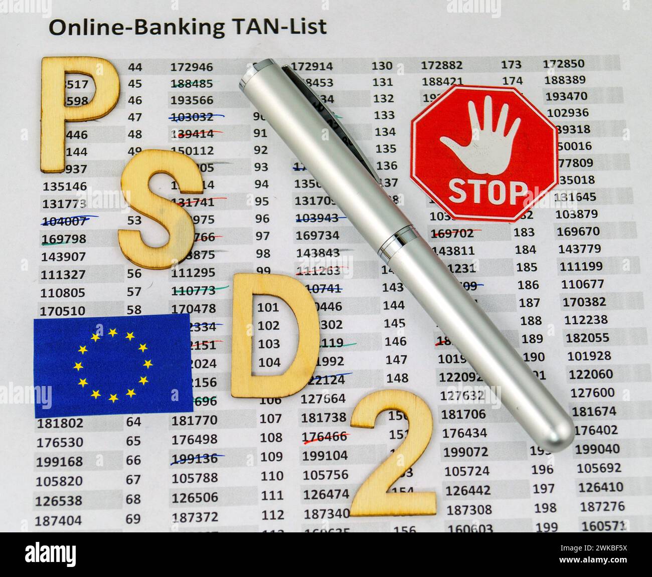 lettering 'PSD2', fountain pen, flag of Europe and stop sign with TAN ...