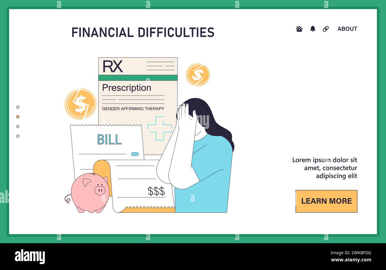 Financial burden of gender transition web or landing. Struggle of affording gender-affirming therapy. Healthcare expenses or bill for transgender woman. Flat vector illustration Stock Vector