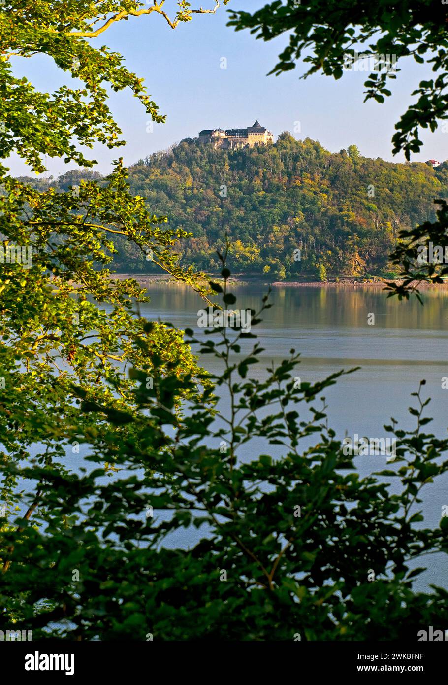 Waldeck Castle over lake Edersee, Germany, Hesse, Kellerwald National Park Stock Photo