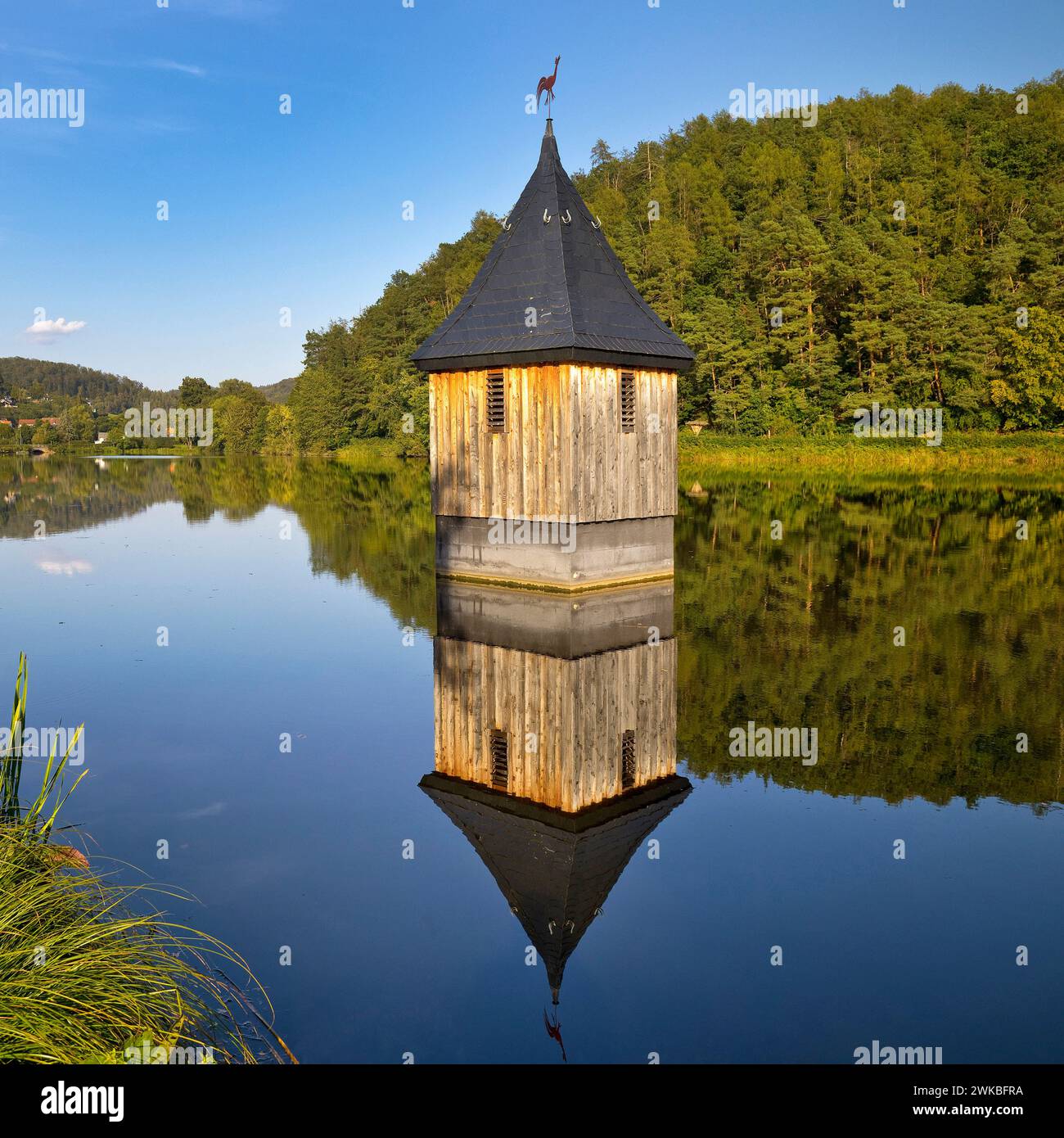 Church in the lake, church spire in the Reiherbach reservoir on Lake Edersee, reminiscent of the old village church of the village, Germany, Hesse, Ke Stock Photo