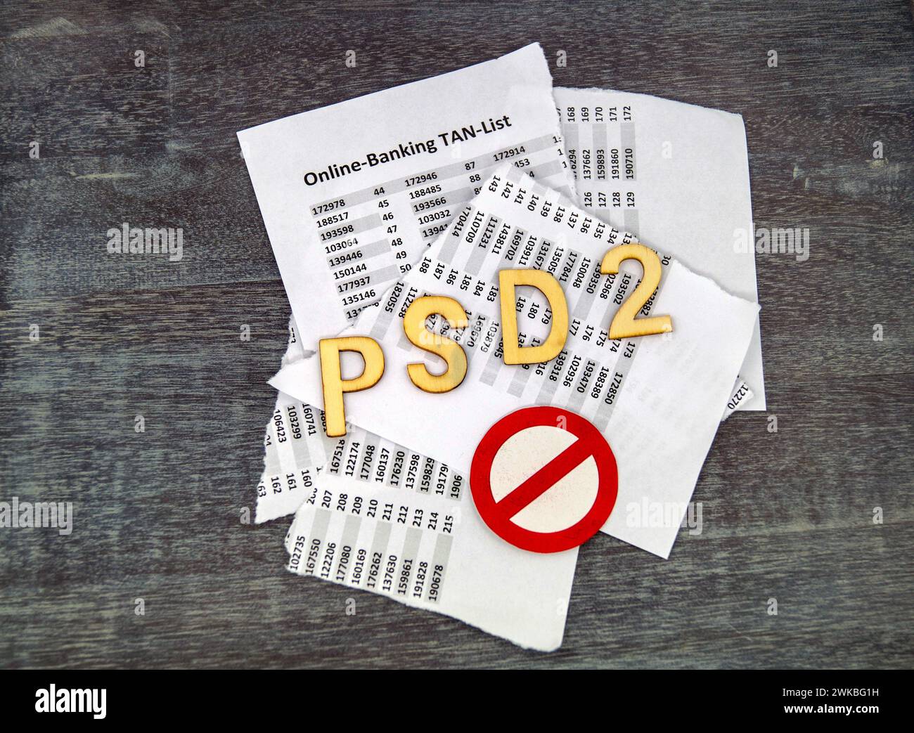 Prohibition Lettering lettering 'PSD2' and prohibition sign with torn TAN list for online ...