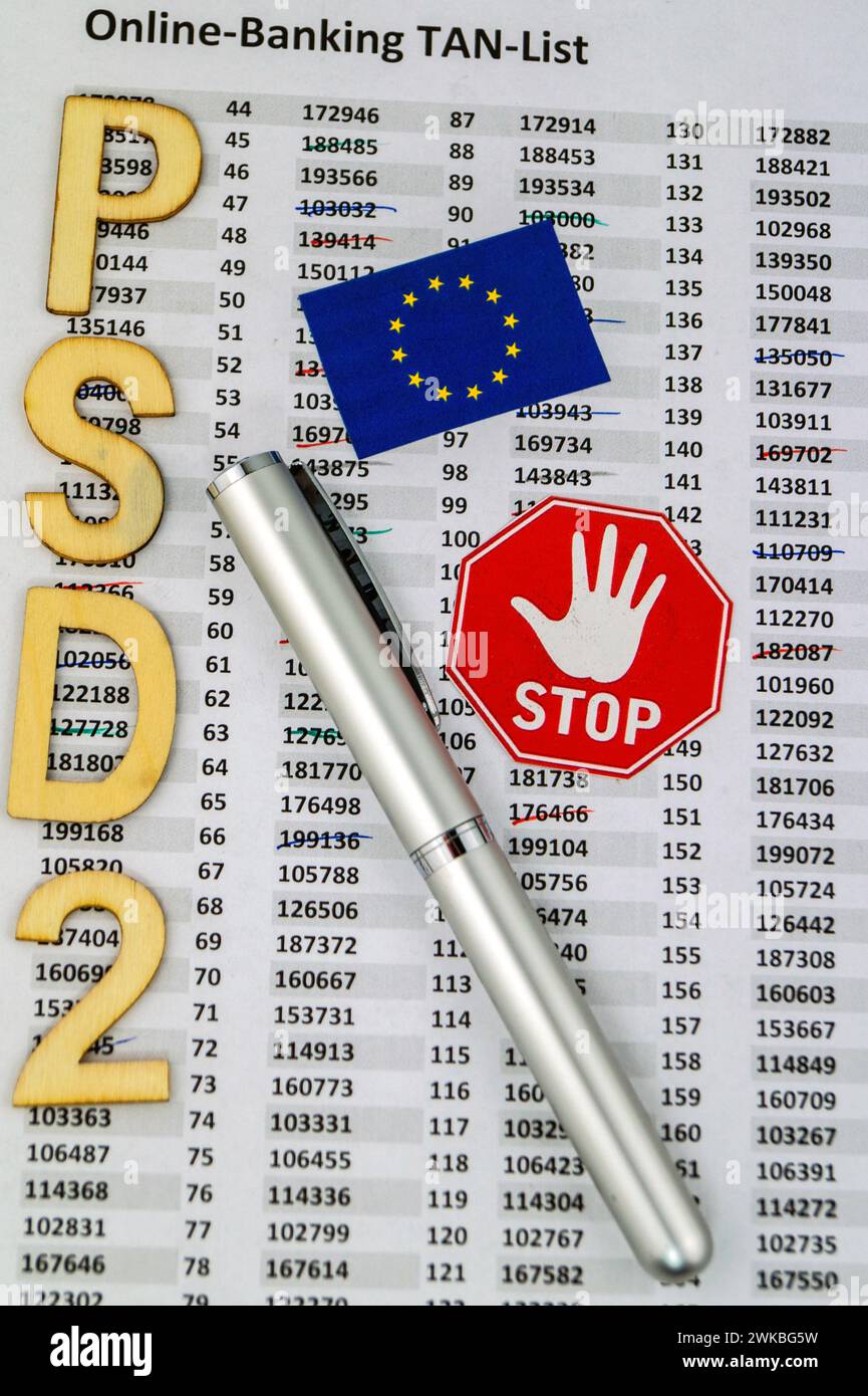 lettering 'PSD2', fountain pen, flag of Europe and stop sign with TAN ...