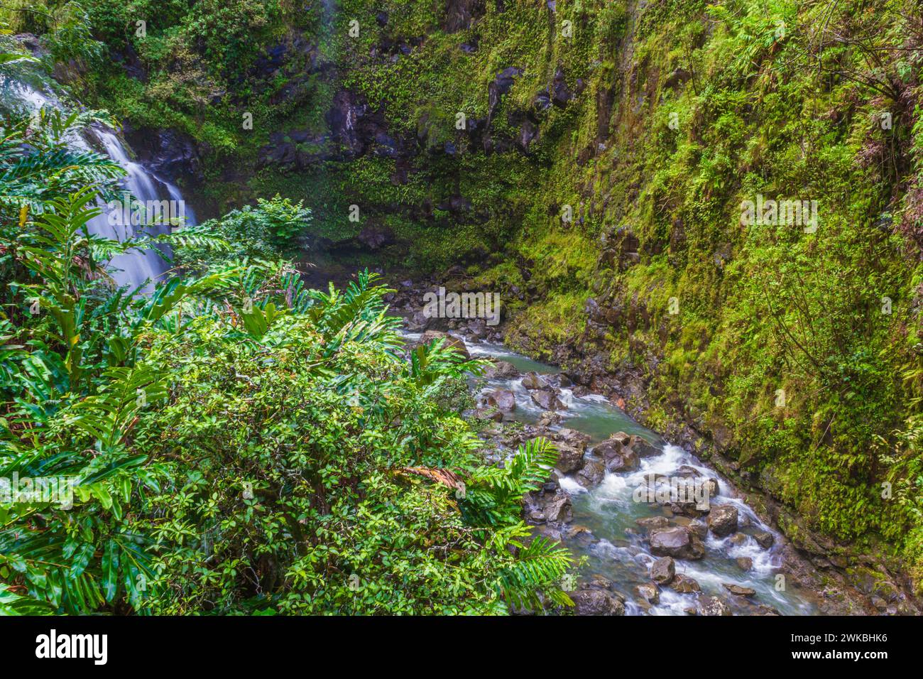 Waikani Falls or Three Bears Falls, one of the many waterfalls along the Road to Hana on the island of Maui in Hawaii. Stock Photo