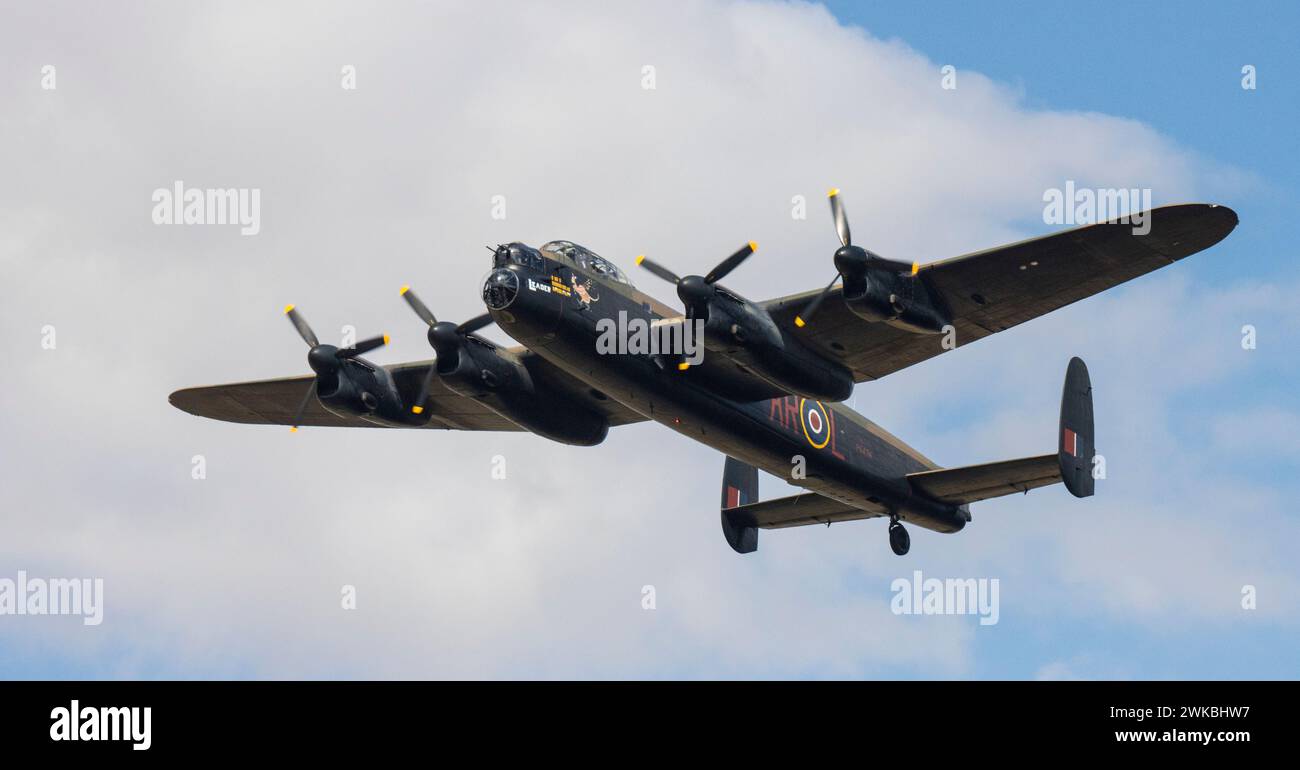 The Avro Lancaster of the Battle of of Britain Memorial Flight departs from Southend Airport on their way to Clacton Airshow 2022 Stock Photo