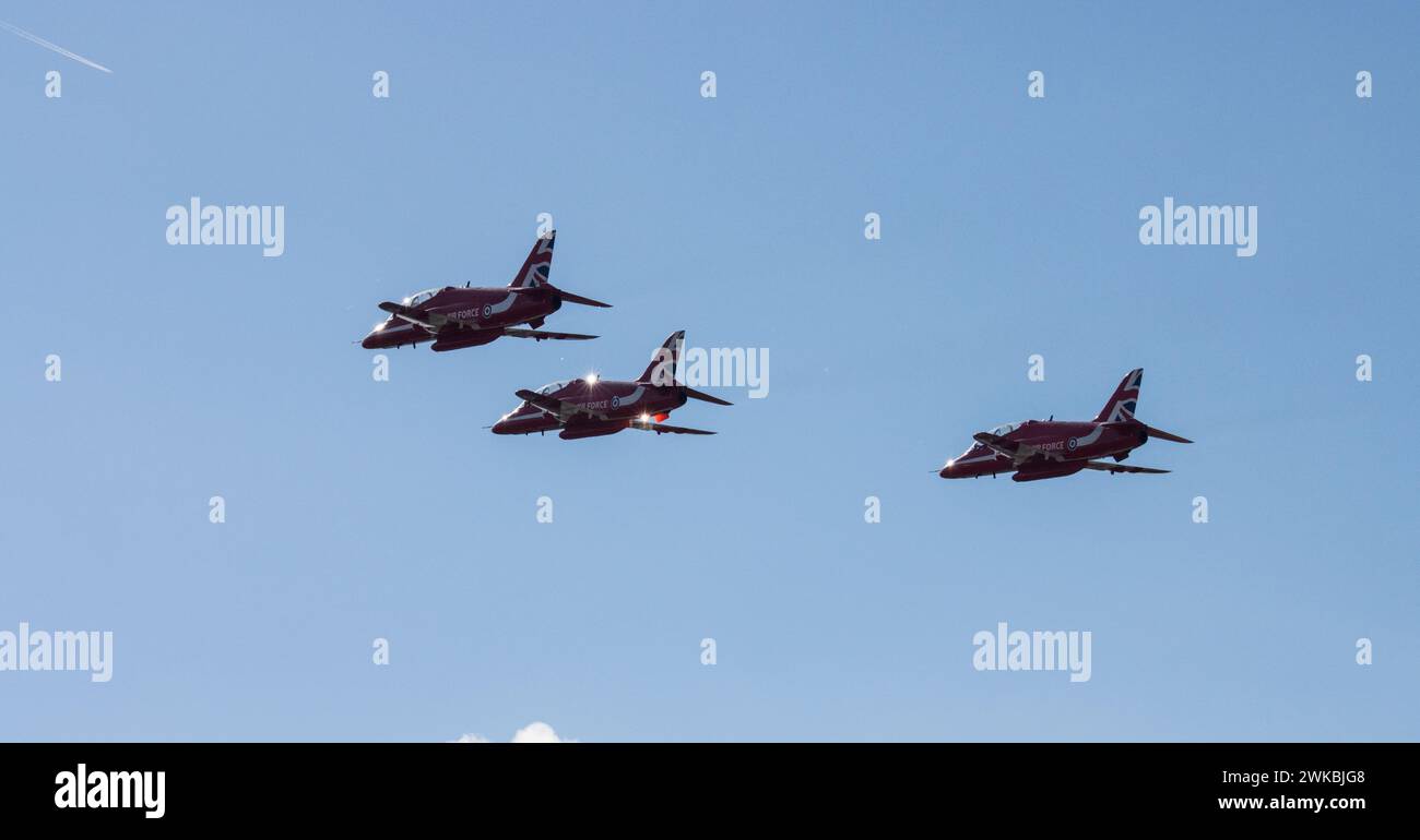 The RAF Red Arrows depart from Southend Airport on their way to Clacton Airshow 2022 Stock Photo