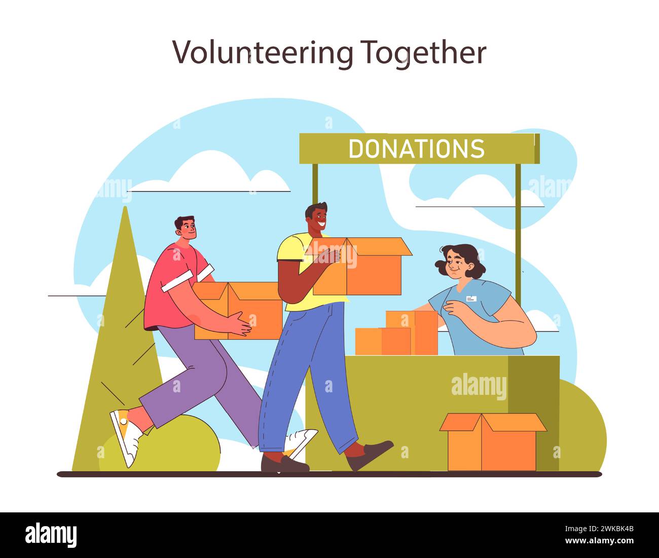 Volunteering Together concept. Companions contributing to the community by donating goods. Act of giving and social responsibility in action. Selfless service and teamwork. Flat vector illustration. Stock Vector