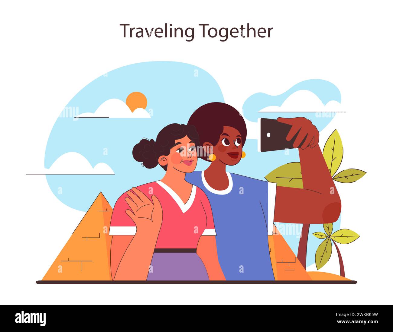 Traveling Together concept. Friends capturing memories with a selfie in front of iconic pyramids. Enjoying shared adventures in new destinations. Cultural exploration. Flat vector illustration. Stock Vector