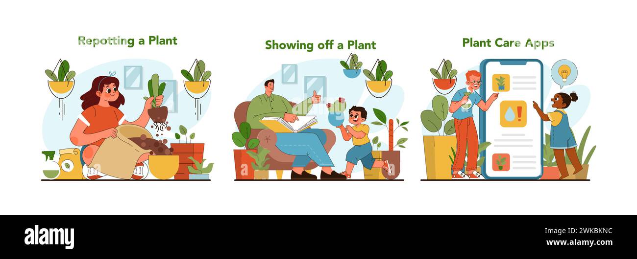 Indoor plant care set. Young boys and girls exploring nature with