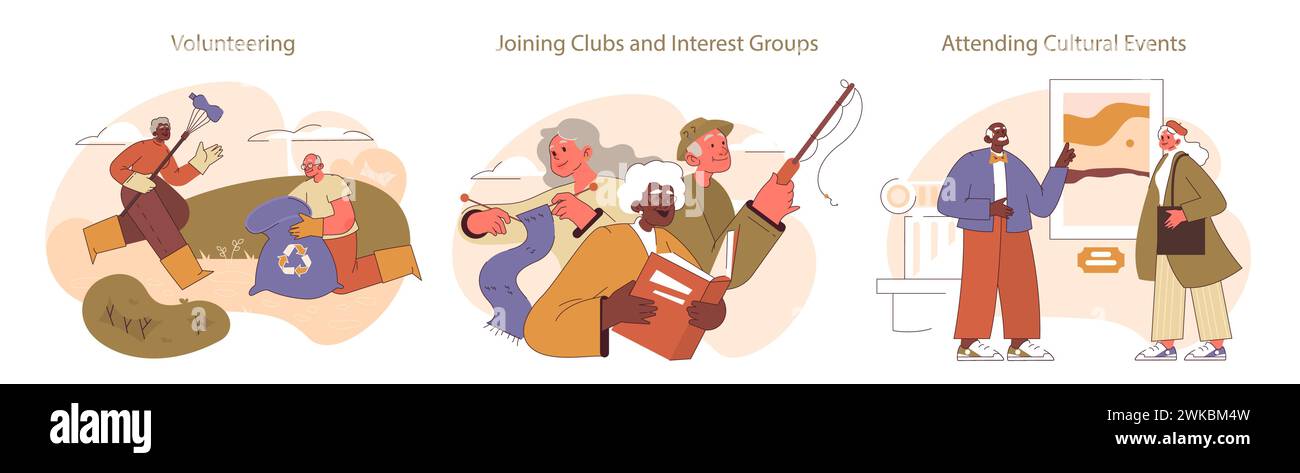 Retirees' Activities set. Active seniors engaged in volunteering, joining clubs, and cultural events. Lifelong learning and social participation. Stock Vector