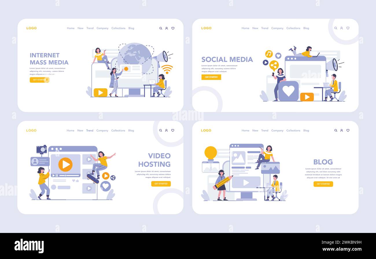 Internet Mass Media web or landing page set. Comprehensive digital platforms for news, social networking, video hosting, and blogging. Connect and engage online. Vector illustration. Stock Vector