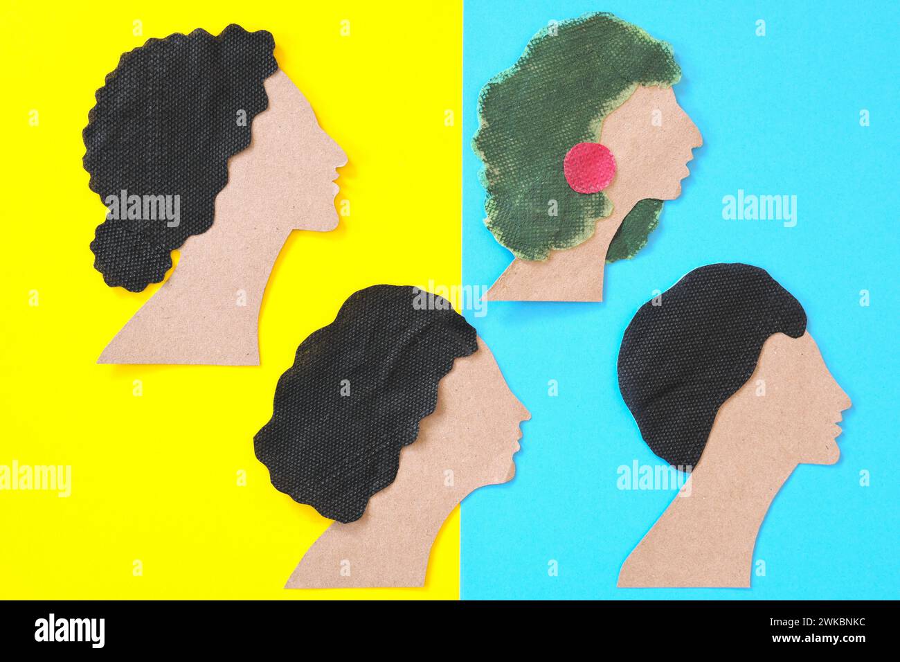 Be unique, game changer and extraordinary woman concept. Woman icons in bright background flat lay composition. Stock Photo