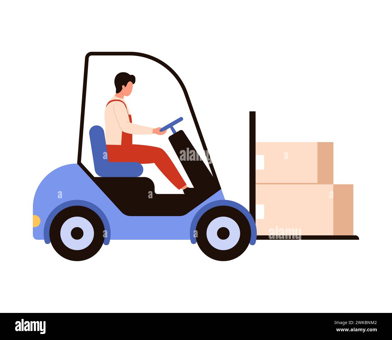 Warehouse worker carrying cardboard boxes on forklift vector ...