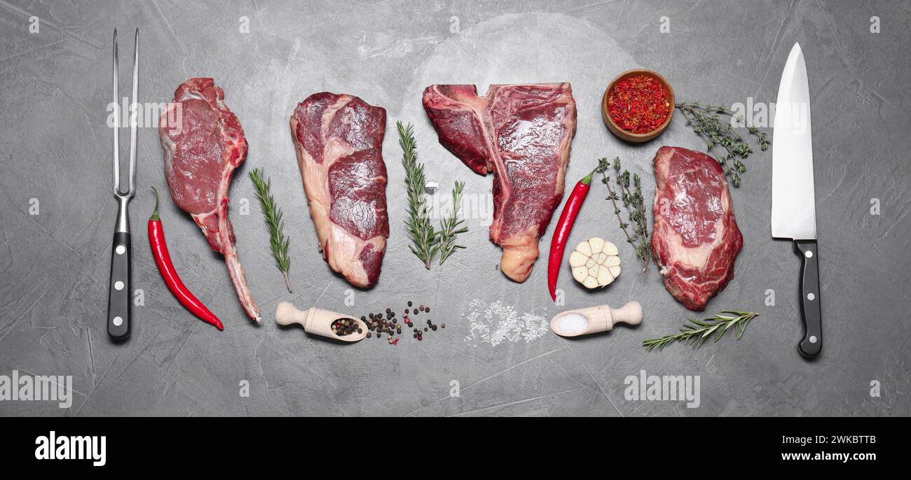 Fresh raw beef cuts, butcher tools and different spices on light grey ...
