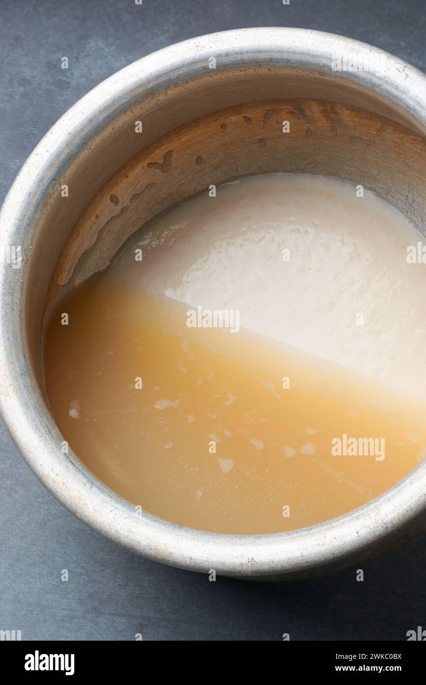 organic arrowroot rhizomes settled starch-water mixture, with the heavier starch particles sinking or collect in the bottom, process of making powder Stock Photo