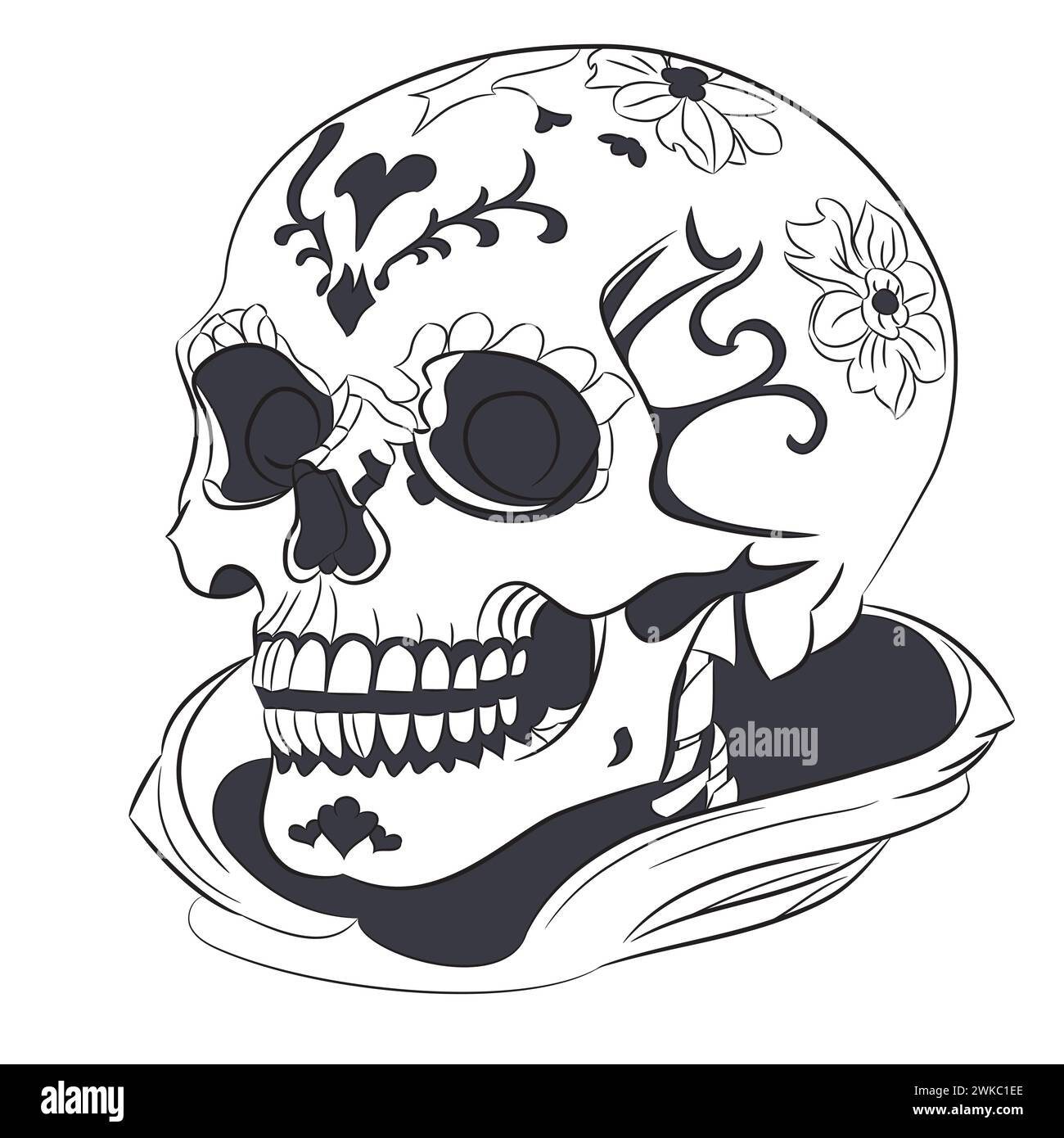 Black and white drawing of a human skull with an ornament Stock Vector ...