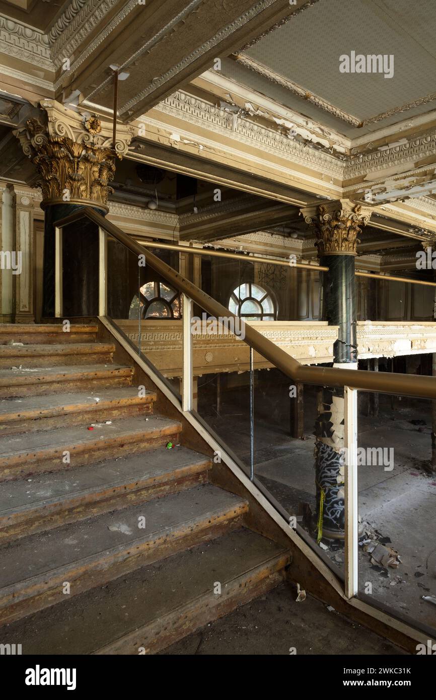 The staircase inside the lobby at the Royal Connaught Hotel before renovations in Hamilton, Ontario, Canada Stock Photo