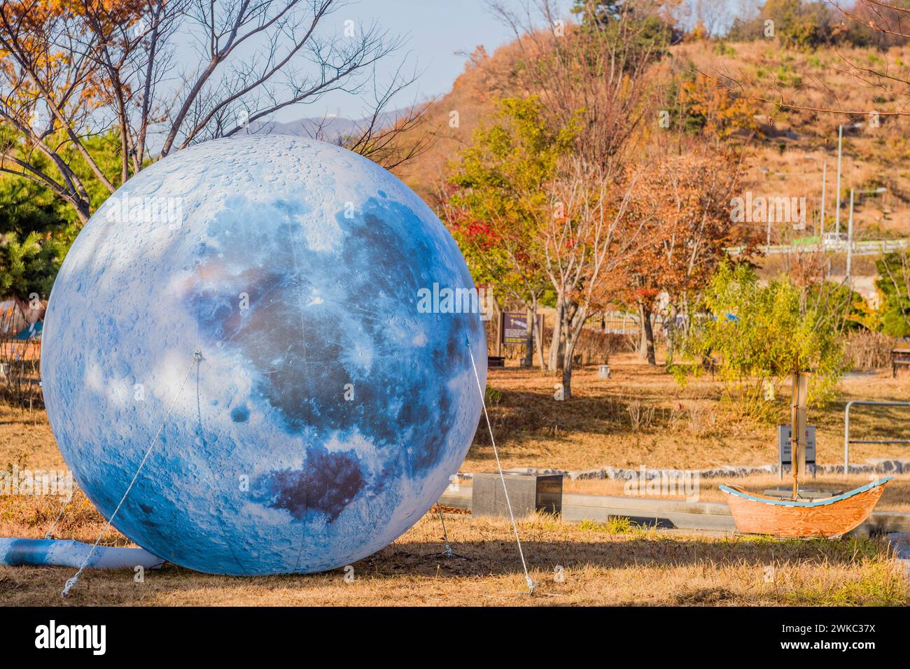 Large inflatable replica of moon in wilderness park in Pohang, South Korea Stock Photo