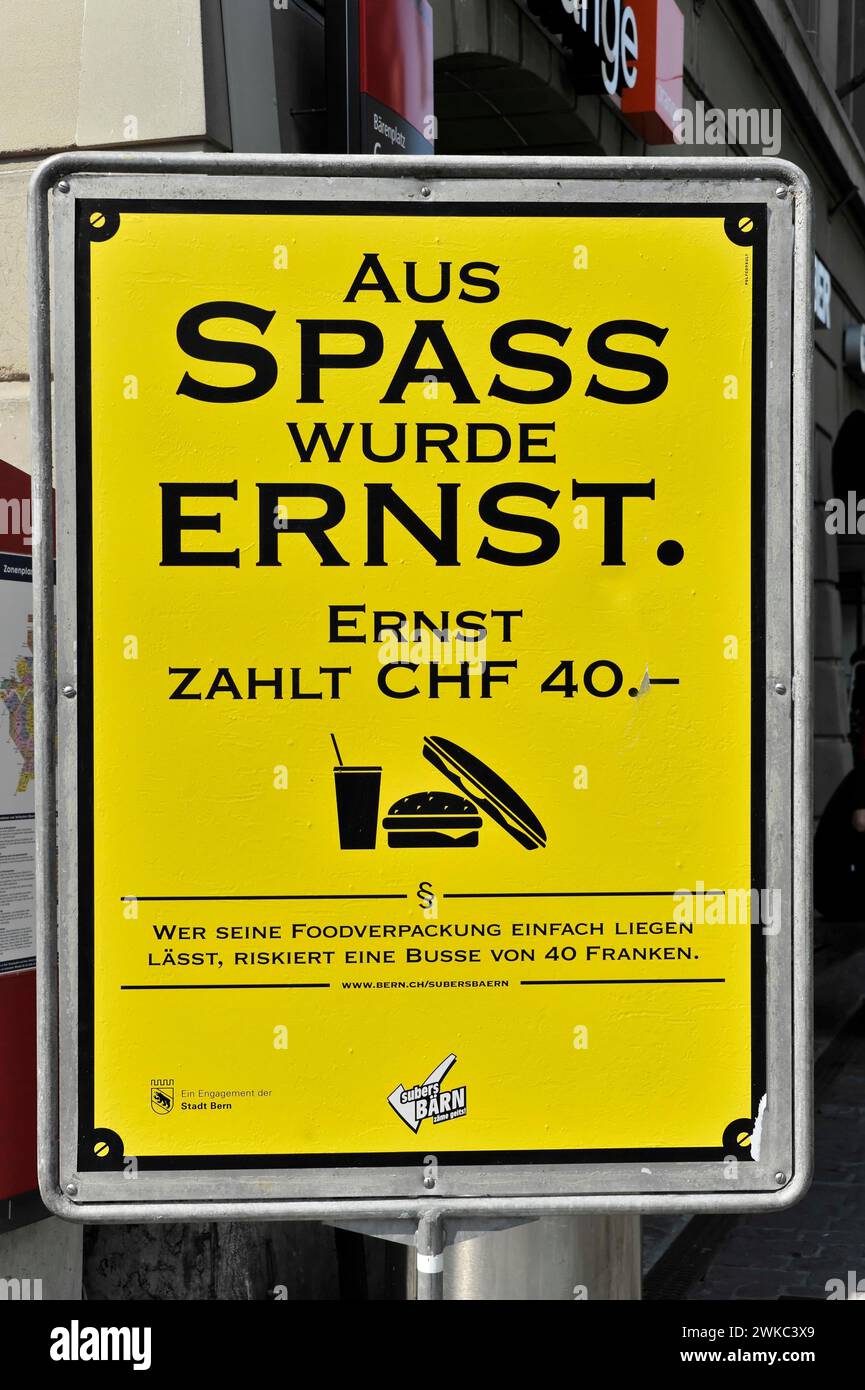 Sign indicating fines for inadequate waste disposal, Bern city centre