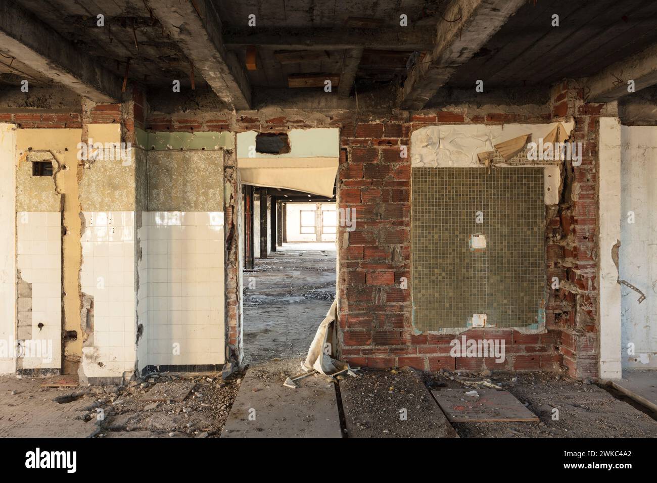 A brick wall and doorway inside the gutted Royal Connaught Hotel before renovations in Hamilton, Ontario, Canada Stock Photo