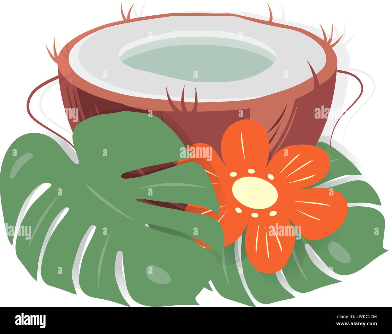 Half of fresh coconut with flower and monstera leaves in cartoon style in trendy bright shades. Sticker. Icon. Isolate. EPS. Vector design concept for cards, posters, banners, brochures or web, price  Stock Vector