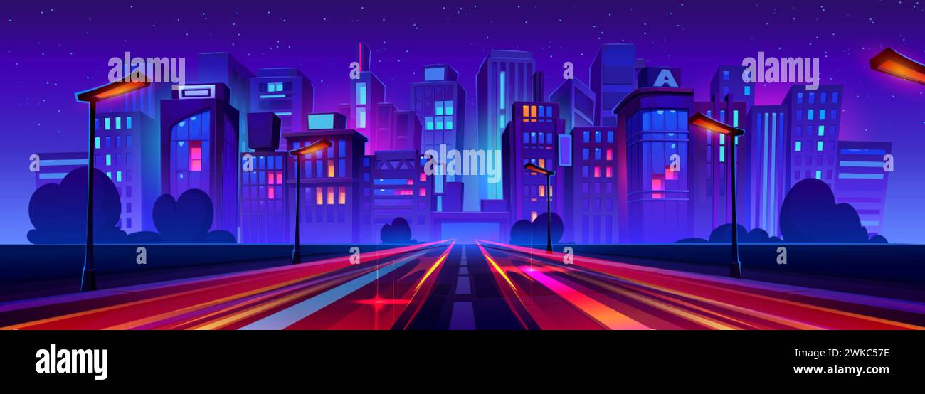 Night city highway with traffic speed effect. Vector cartoon ...