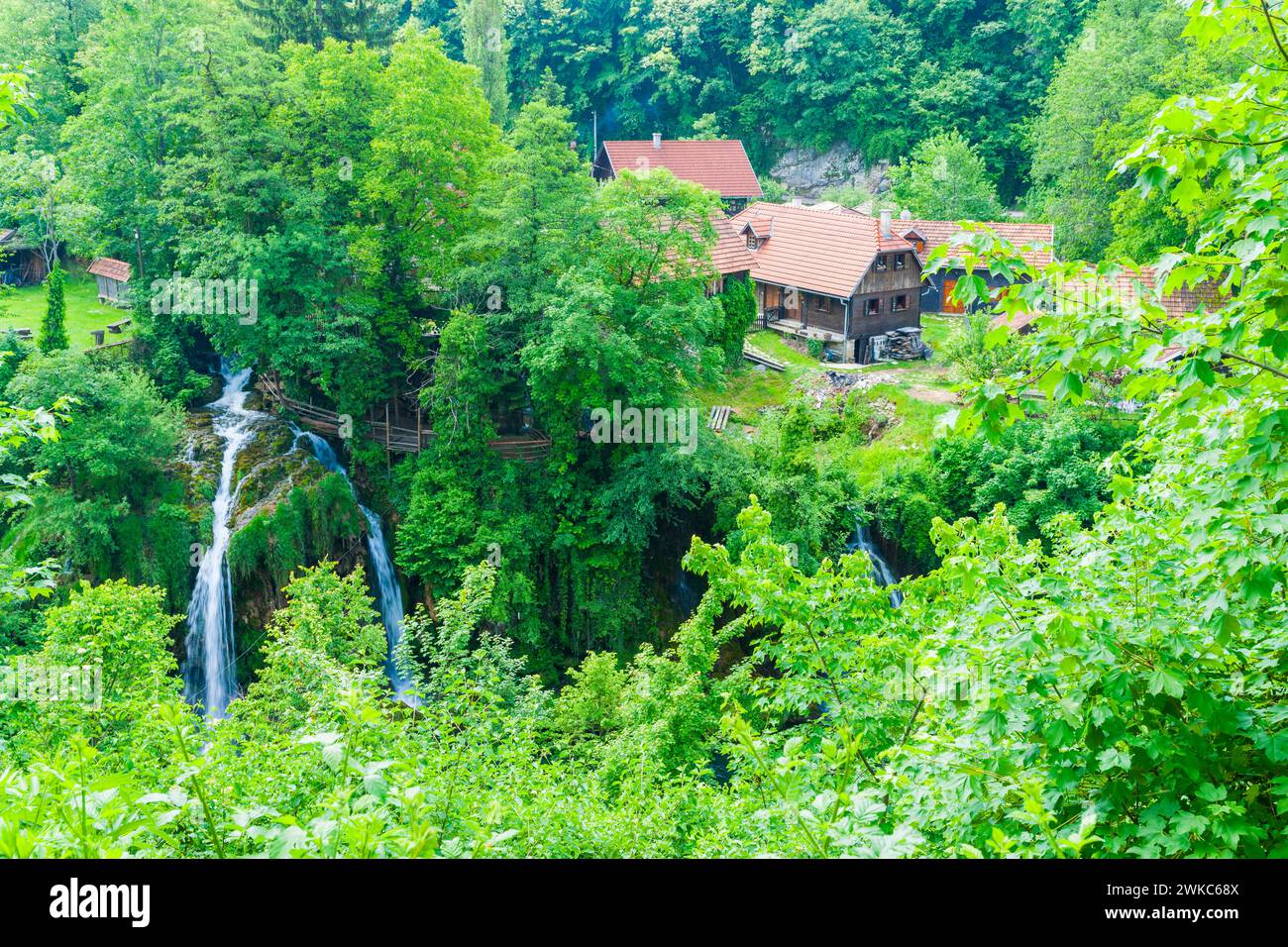 Luxuriant trees and forest in Waterfall village or Rastoke in Croatia Stock Photo
