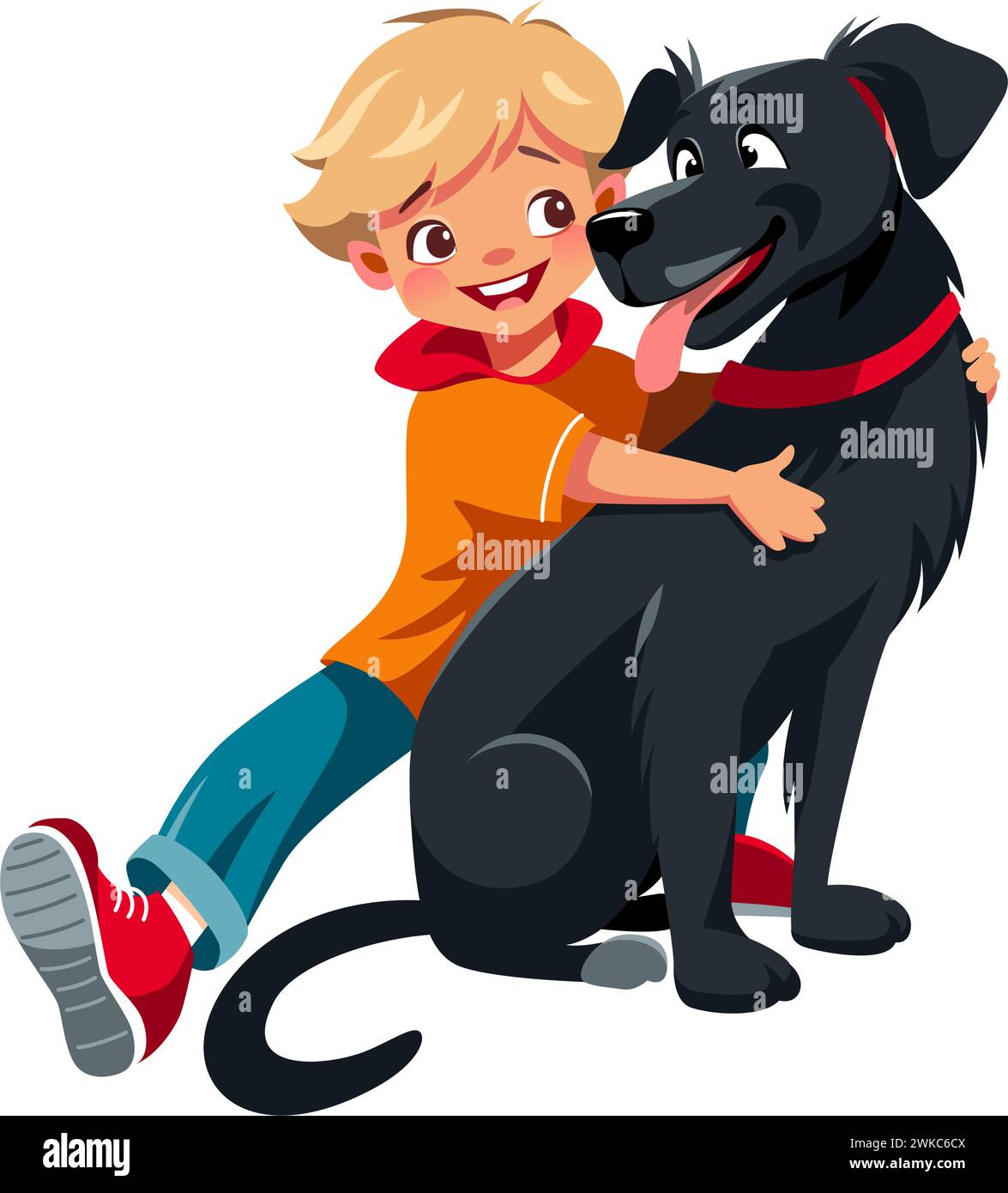 Smiling blond boy kid hugging happy big black dog. Flat vector isolated illustration Stock Vector