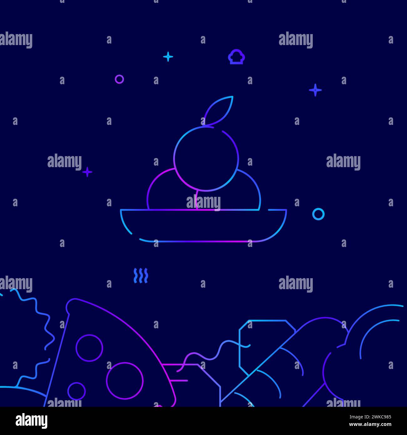 Tray with fruits gradient line vector icon, simple illustration on a dark blue background, fast food related bottom border. Stock Vector