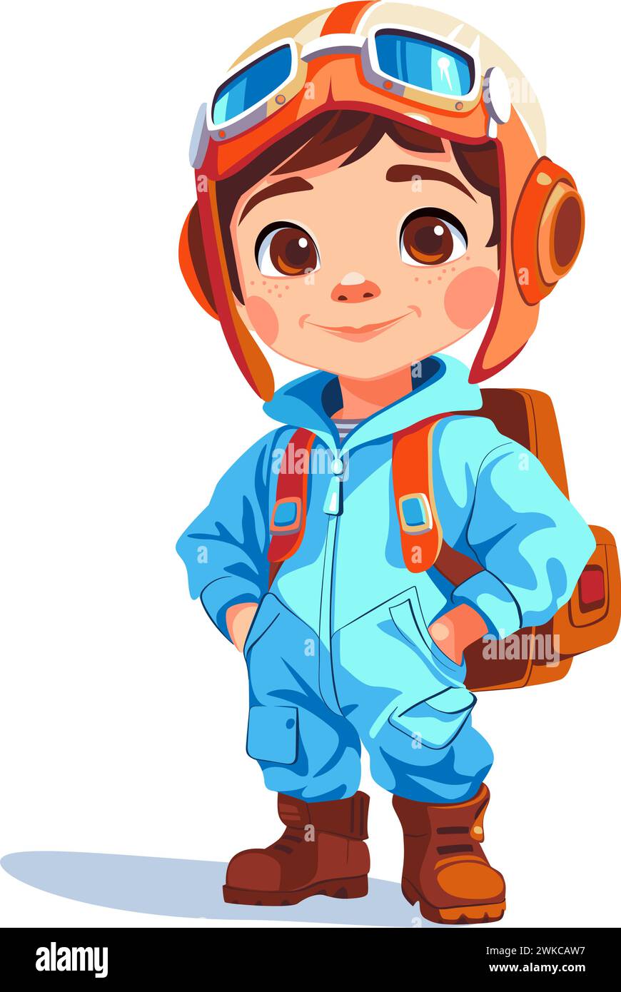 Cartoon kid pilot standing with aviator goggles and happy smiling Stock Vector