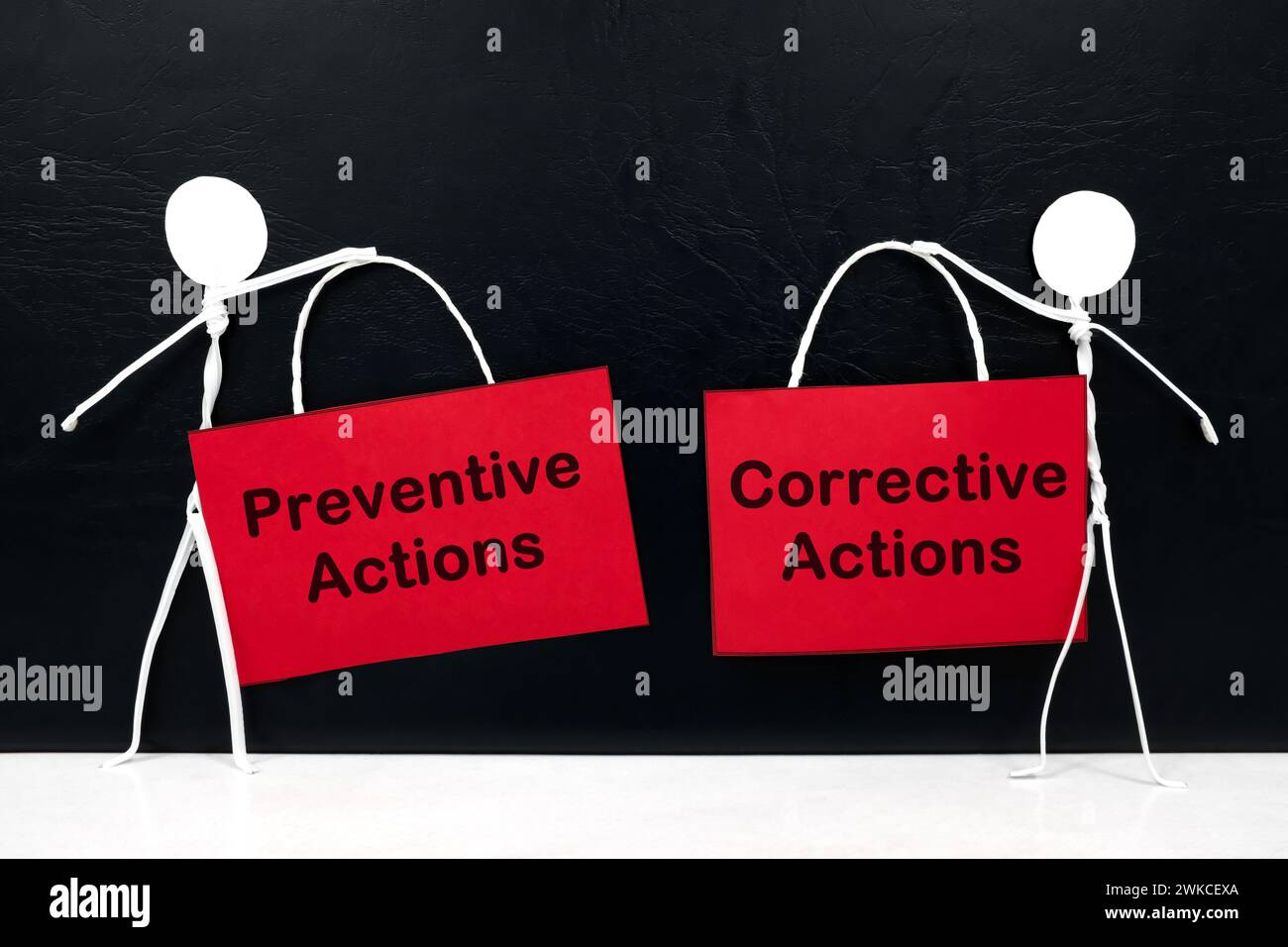 Stick figure holding preventive and corrective action placard in black background. Root cause analysis concept. Stock Photo