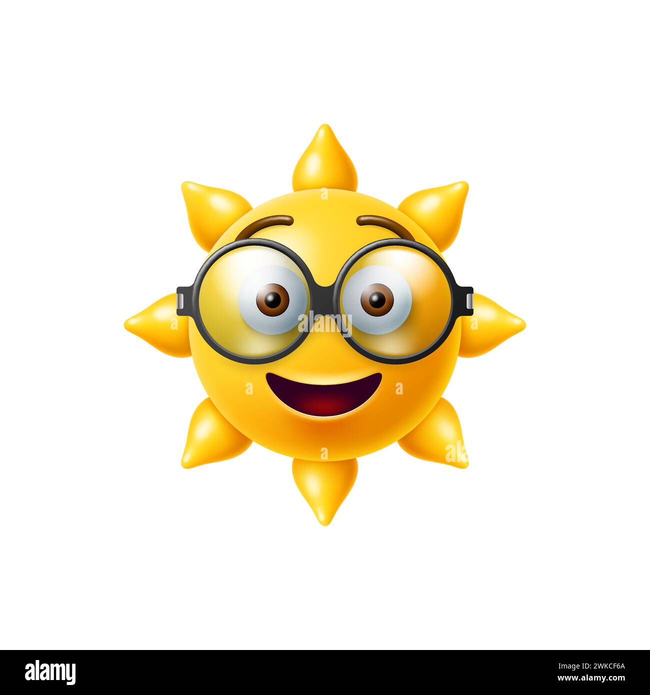 3d sun emoji, cool and cute yellow sunny character in glasses. Isolated vector radiant emoticon shines brightly while donning stylish spectacles. Smart, playful, charming personage with adorable face Stock Vector